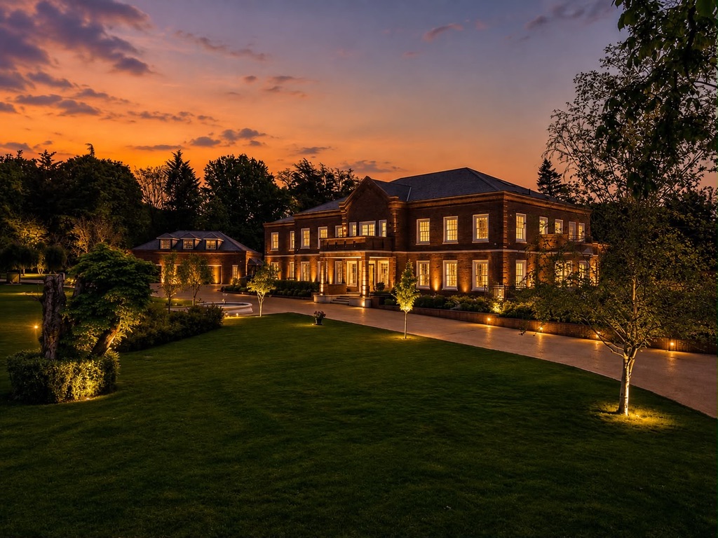 Luxury brick mansion at dusk with warm architectural lighting and manicured grounds